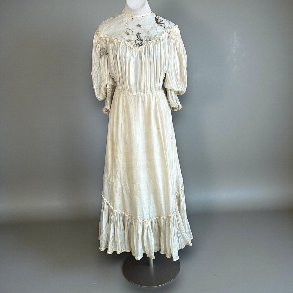 Antique Victorian Ivory Dress Mesh Lace Sequins Distressed Damaged As Is - Picture 2 of 16